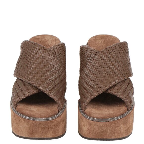 $1550 BRUNELLO CUCINELLI WOVEN LEATHER BROWN PLATFORM SANDALS WITH MONILI 37 - Picture 2 of 10